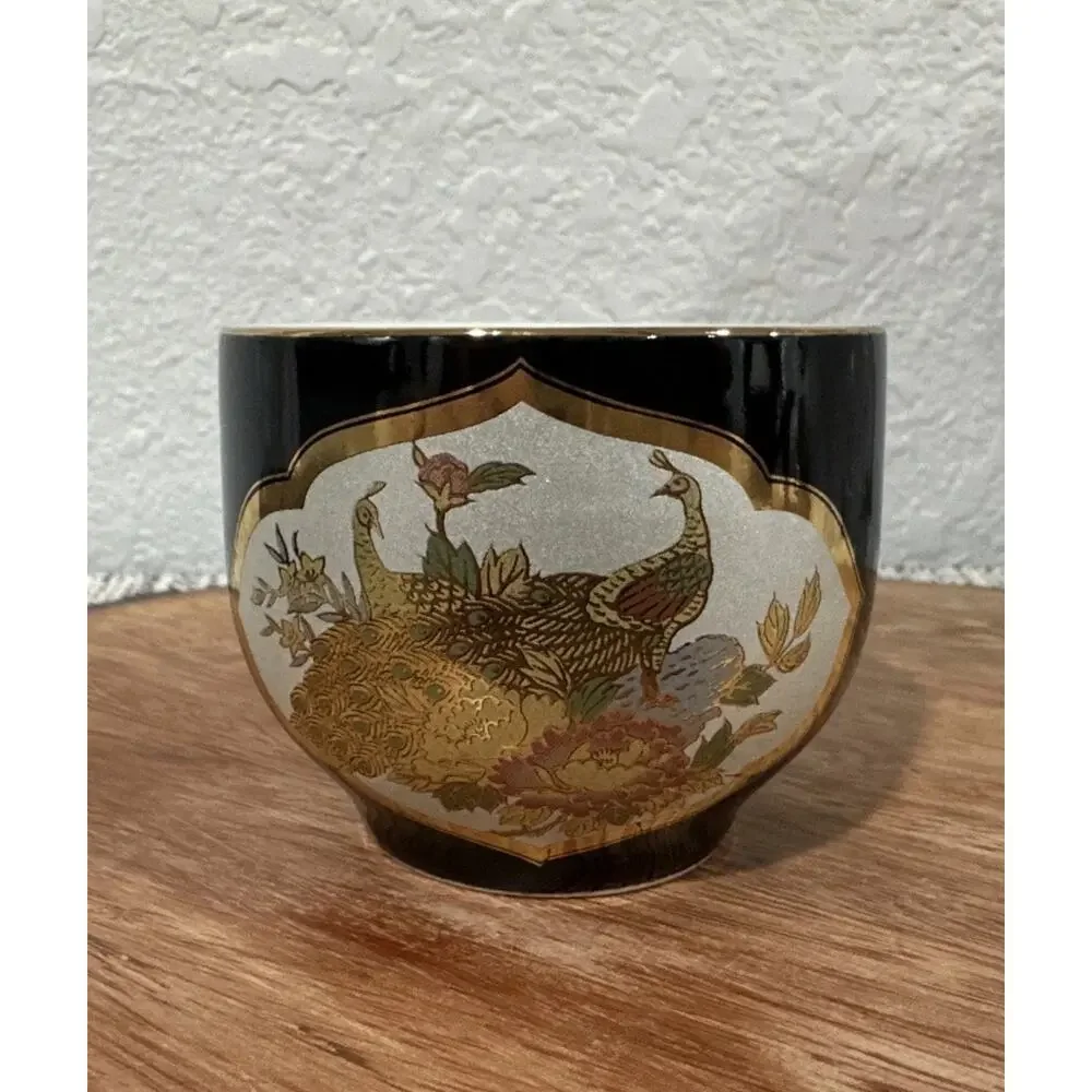VTG Oriental Japanese Black & Gold Floral Peacock Design Porcelain Tea Cup